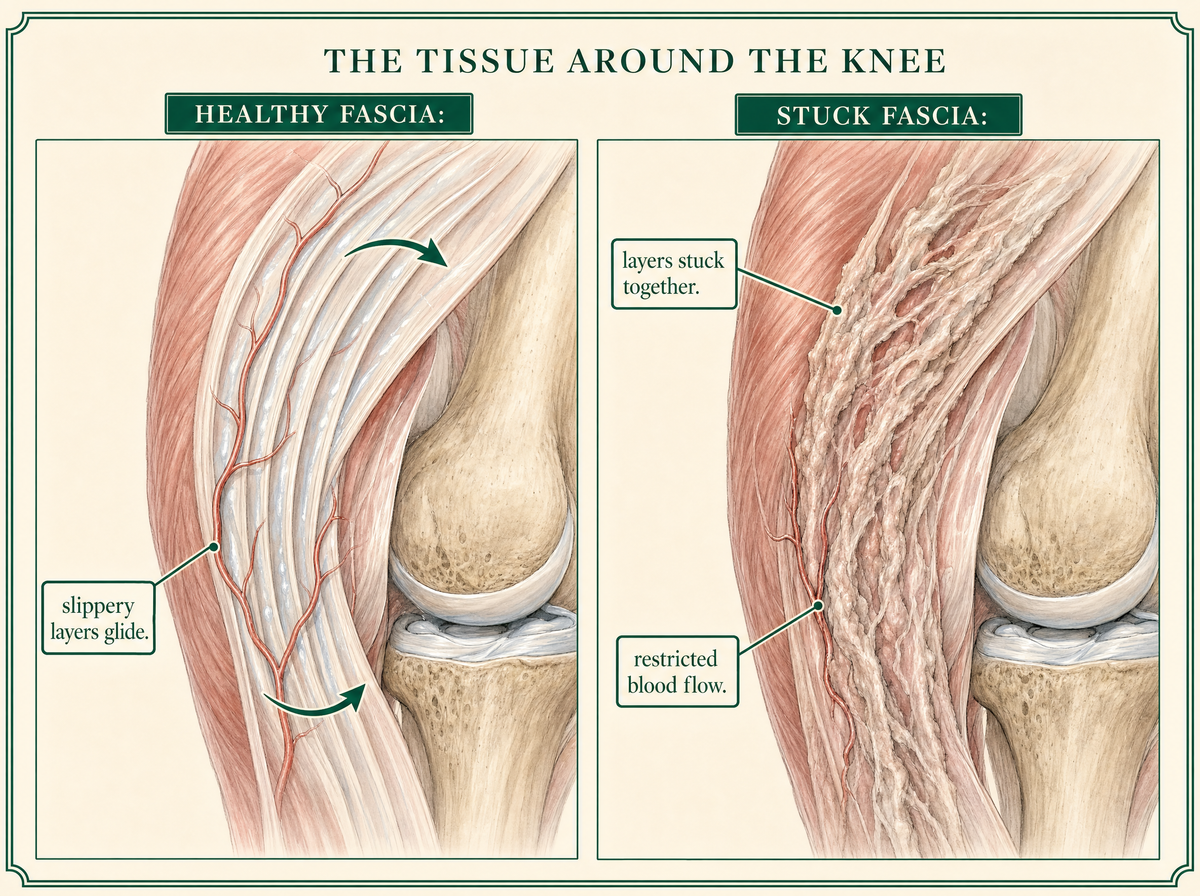 Healthy gliding fascia compared with stuck fascia around the knee