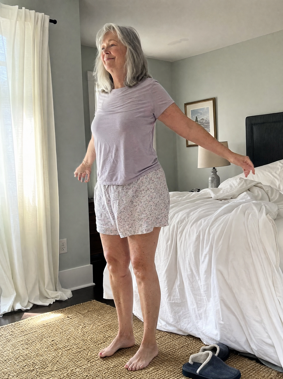 Woman getting straight up out of bed in the morning