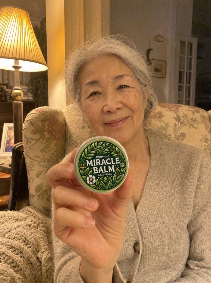 Woman in an armchair showing a tin of Murvano Miracle Balm