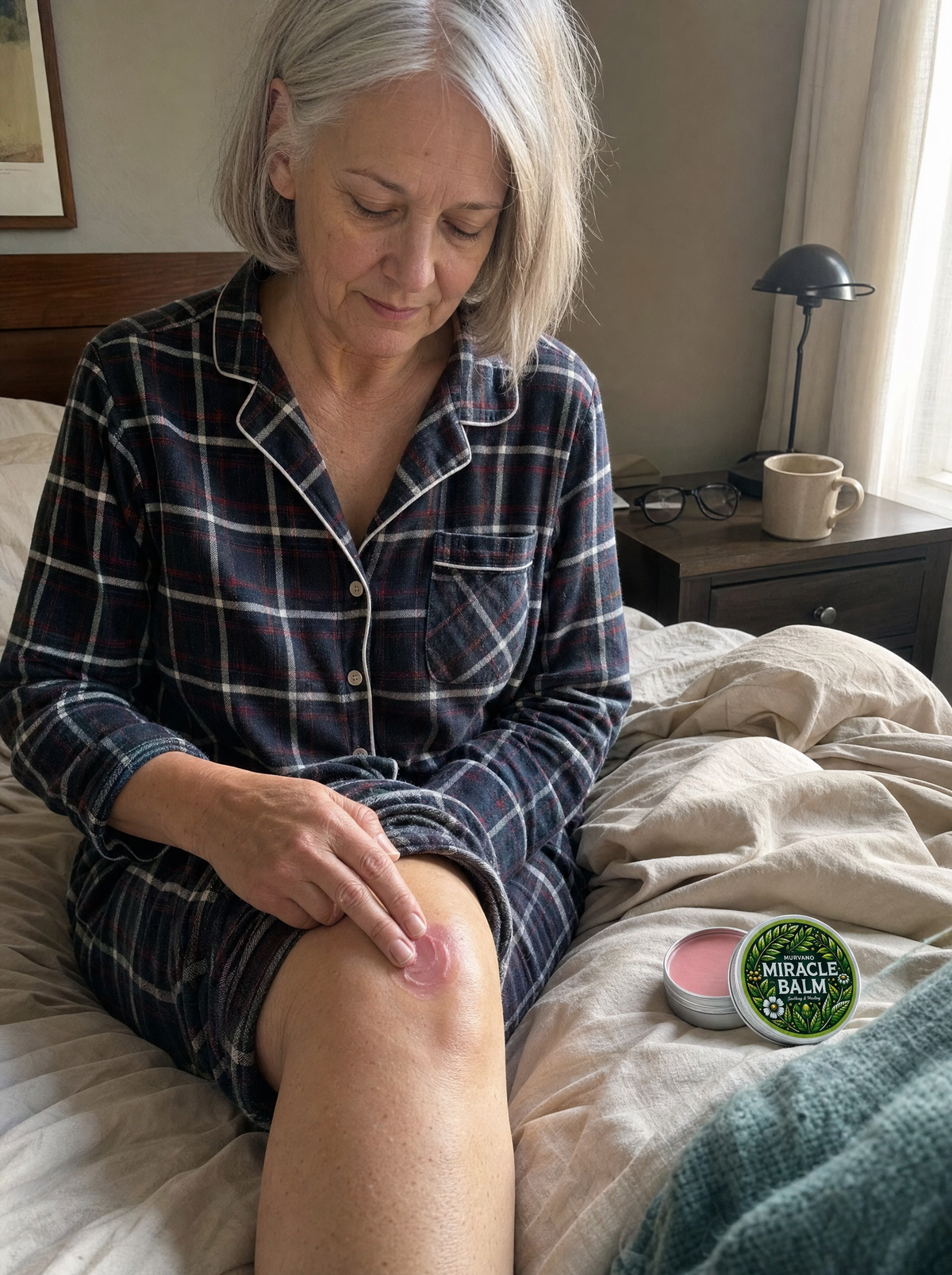 Woman massaging Murvano Miracle Balm into her knee on the edge of her bed