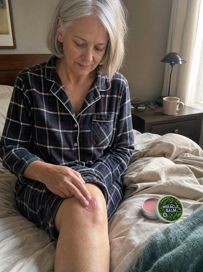 Woman massaging Murvano Miracle Balm into her knee on the edge of her bed