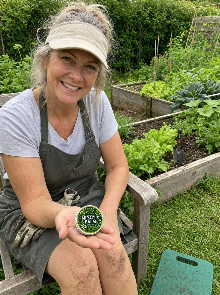 Woman on a garden bench holding Murvano Miracle Balm