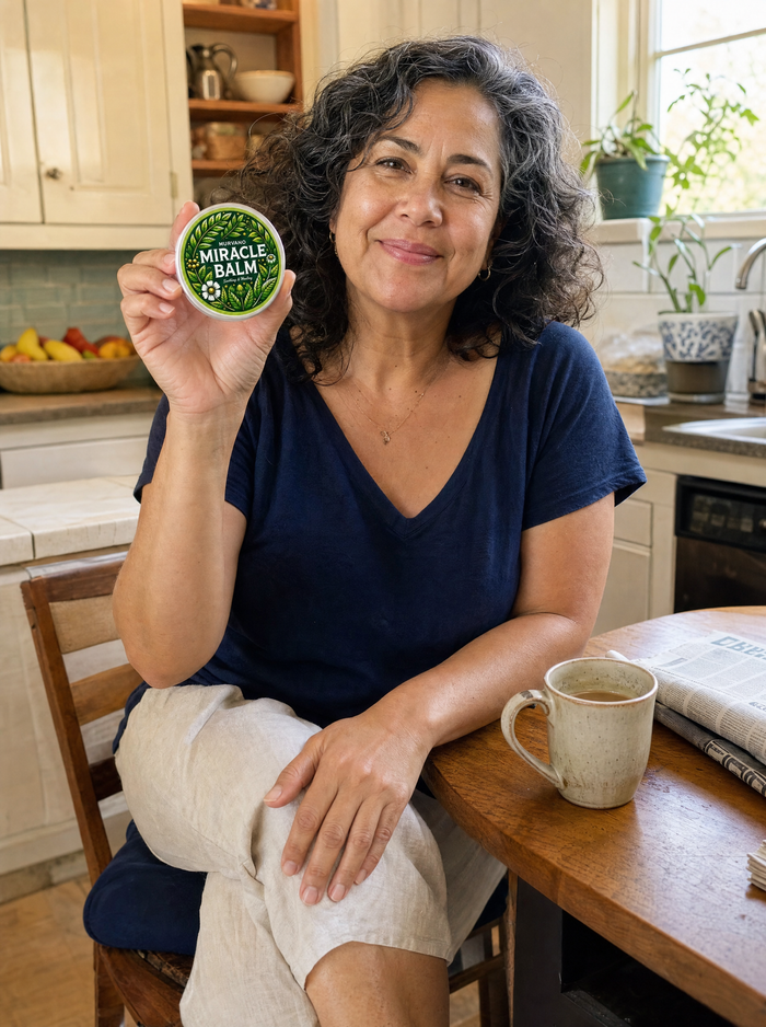 Woman at her kitchen table holding a tin of Murvano Miracle Balm