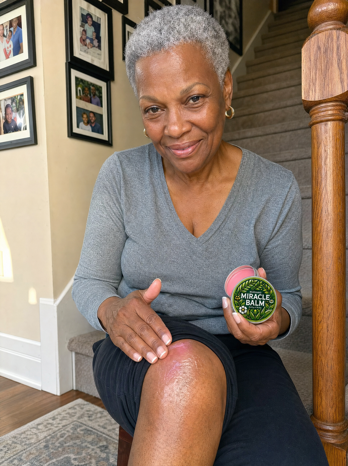 Woman on the bottom stair rubbing Murvano Miracle Balm into her knee