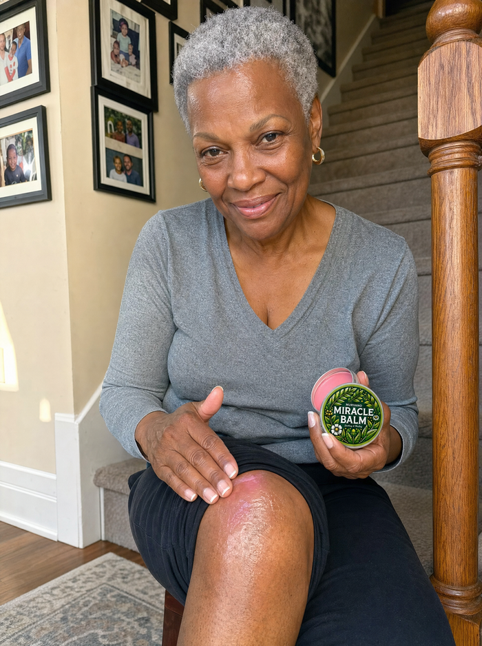 Woman on the bottom stair rubbing Murvano Miracle Balm into her knee